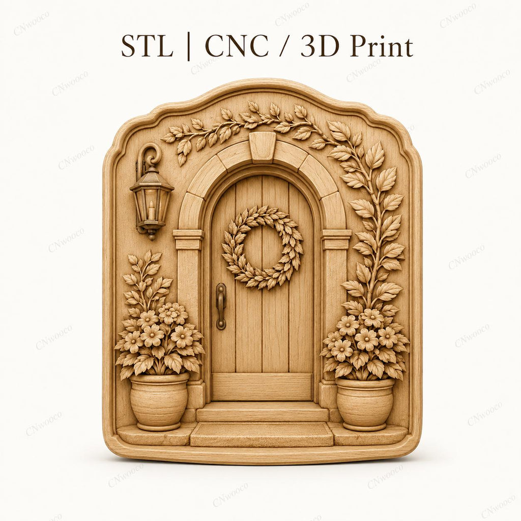 CNC- und 3D-Reliefdruck blumige Haustür mit Kranz, STL-Datei sehr hoher Qualität