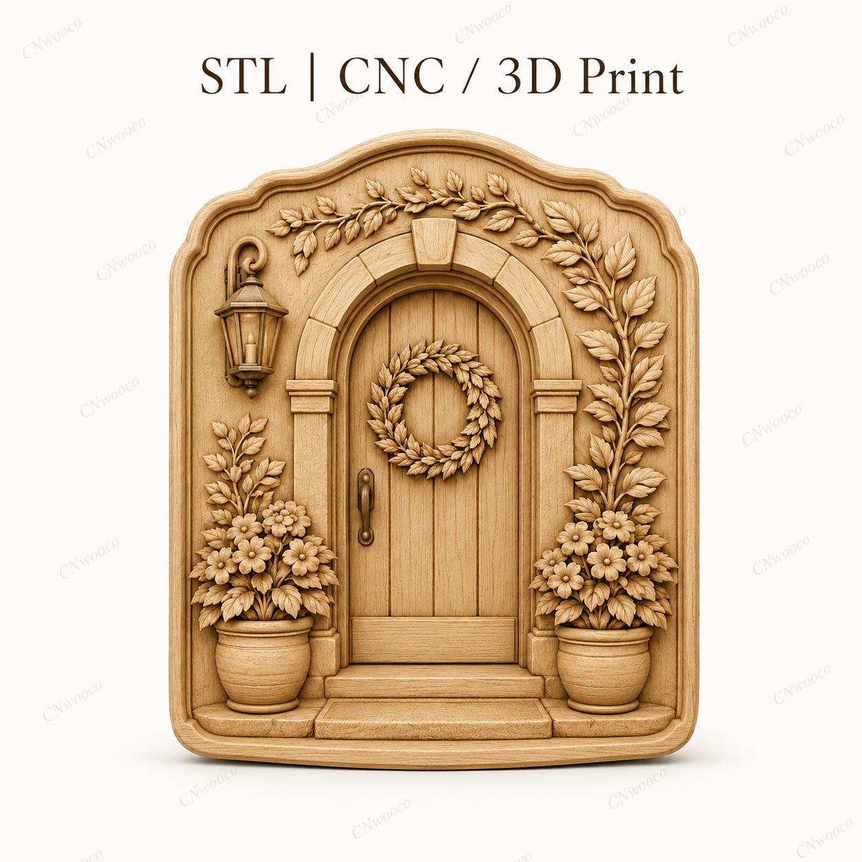 CNC- und 3D-Reliefdruck blumige Haustür mit Kranz, STL-Datei sehr hoher Qualität