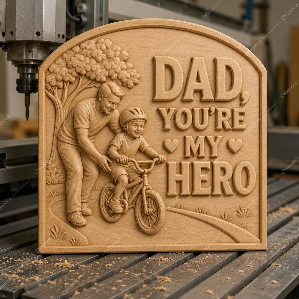 CNC & impression 3D relief papa héros avec enfant à vélo, fichier STL très haute qualité