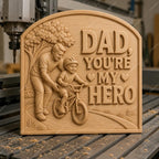 CNC & impression 3D relief papa héros avec enfant à vélo, fichier STL très haute qualité
