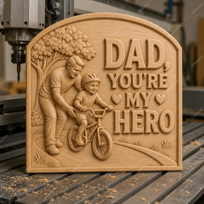 CNC & impression 3D relief papa héros avec enfant à vélo, fichier STL très haute qualité