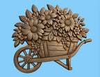 CNC & impression 3D relief brouette remplie de fleurs, décoration jardin floral, fichier STL très haute qualité