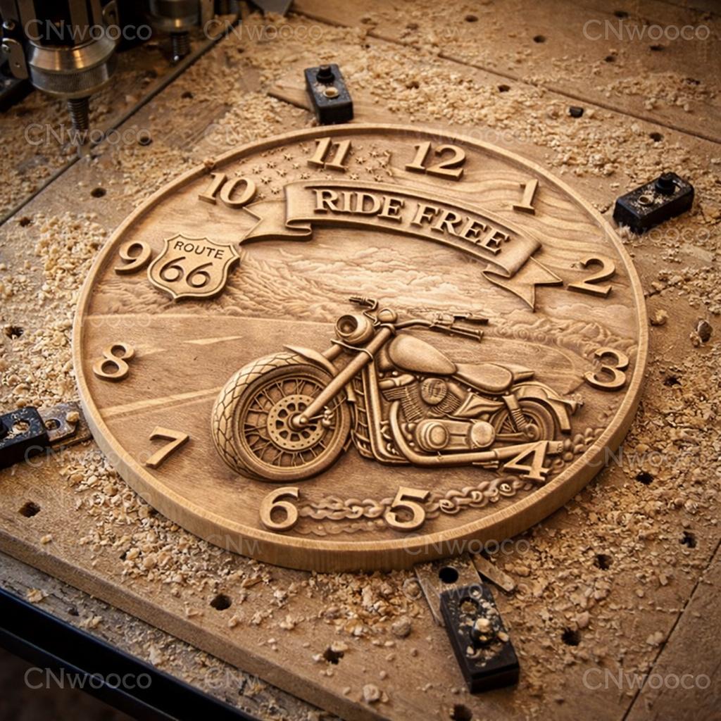 Fichier CNC horloge moto Route 66 – bas-relief biker pour sculpture bois, décoration murale garage STL