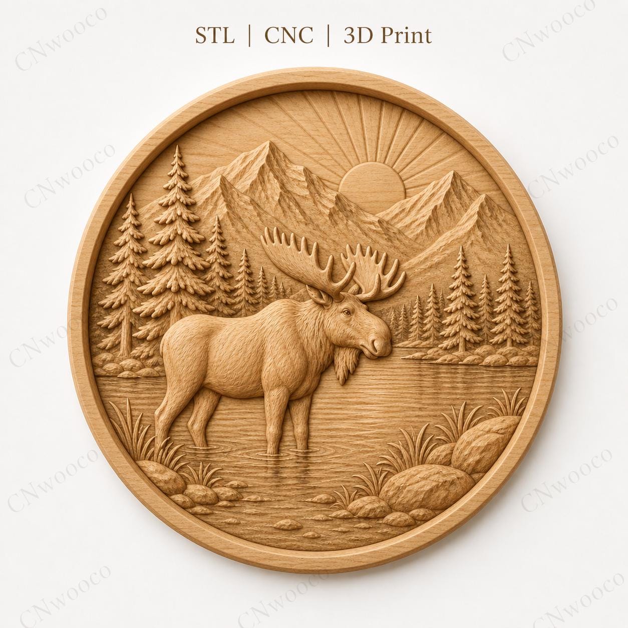 CNC & impression 3D élan moose au lac, STL de haute qualité pour sculpture bois et lodge decor
