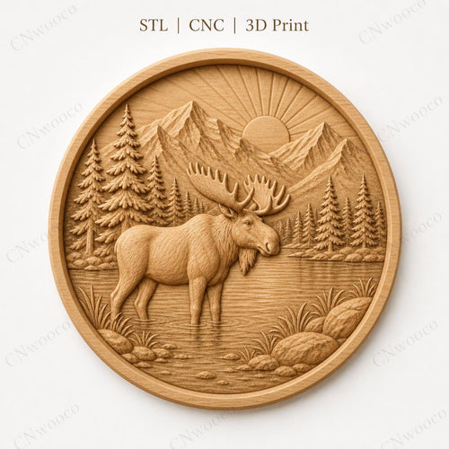 CNC & impression 3D élan moose au lac, STL de haute qualité pour sculpture bois et lodge decor