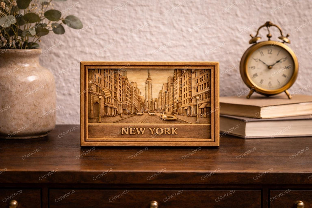 CNC-Datei New York 3D-Basrelief, Wanddekoration Holz Stadt, Holzskulptur, 3D STL Gravurmodell