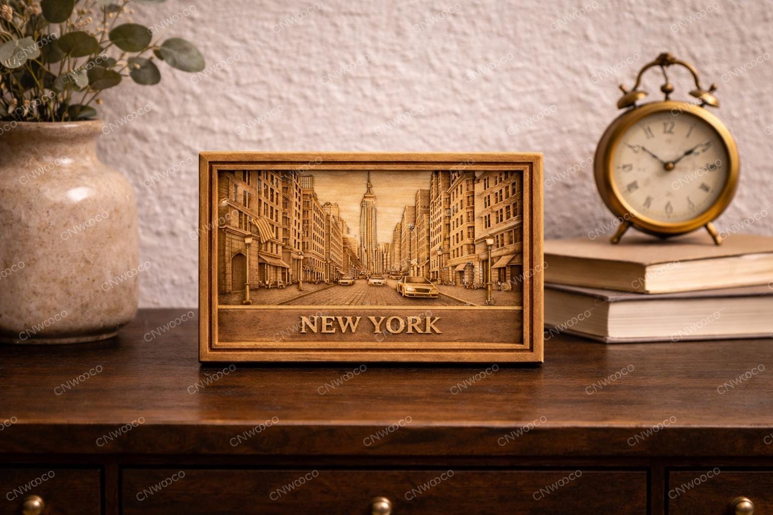 CNC-Datei New York 3D-Basrelief, Wanddekoration Holz Stadt, Holzskulptur, 3D STL Gravurmodell