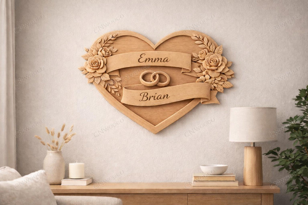 CNC & 3D-Druck-Datei Hochzeitsherz mit Ringen – romantisches Basrelief für Holzskulpturen, Wanddekoration STL