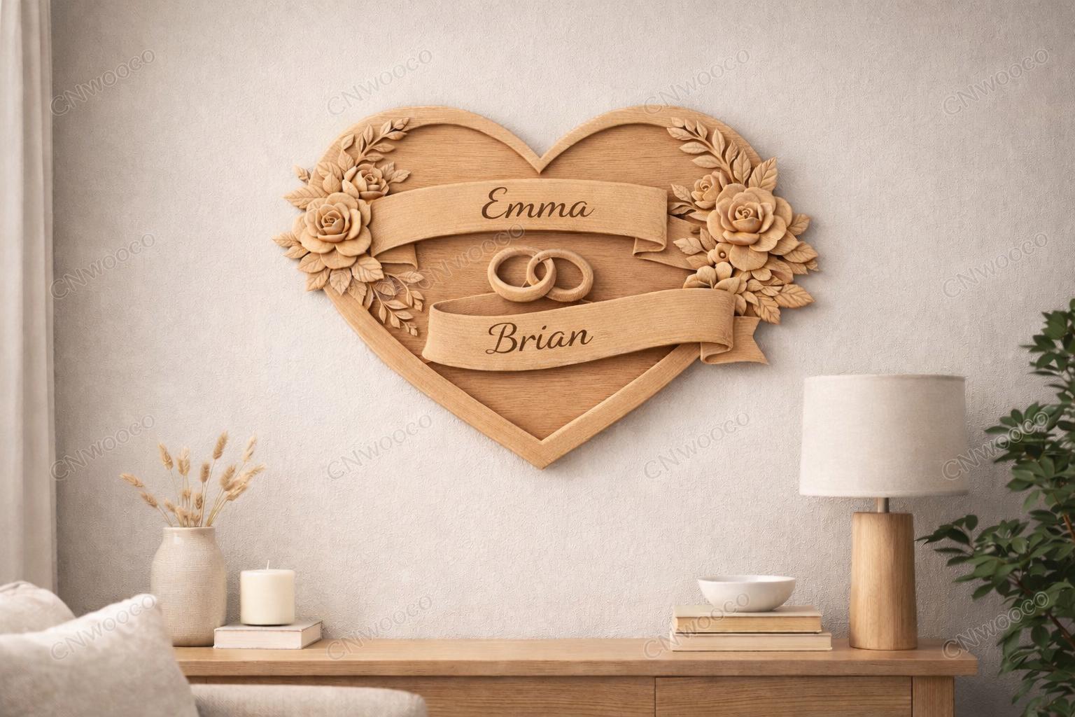 CNC & 3D-Druck-Datei Hochzeitsherz mit Ringen – romantisches Basrelief für Holzskulpturen, Wanddekoration STL