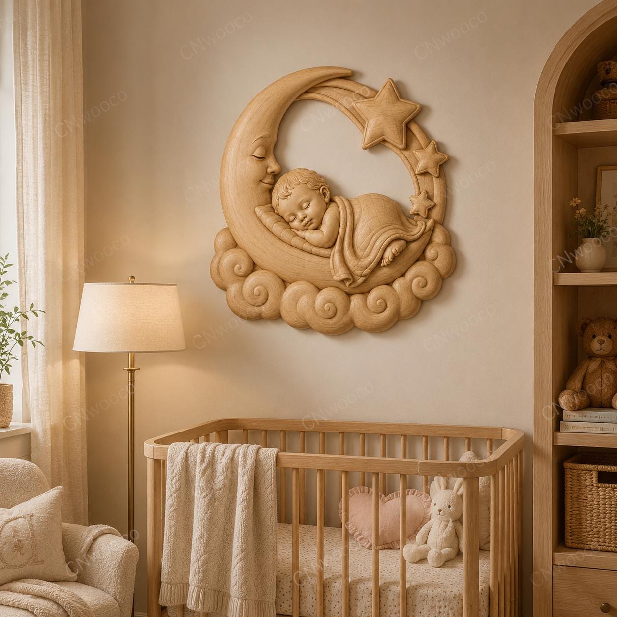 CNC & impression 3D bébé endormi sur lune avec étoiles, fichier STL très haute qualité