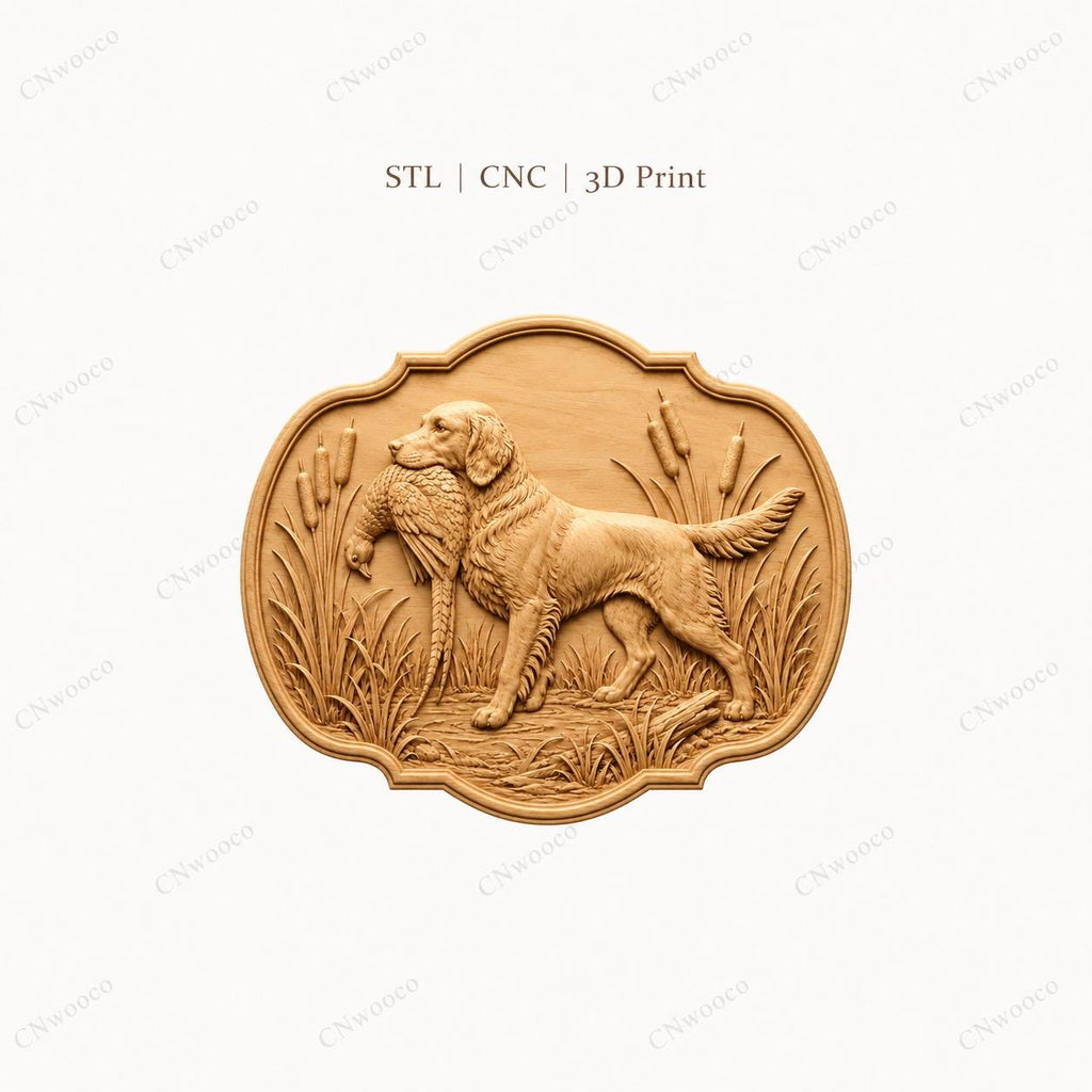 CNC & impression 3D chien de chasse rapportant un faisan, fichier STL très haute qualité