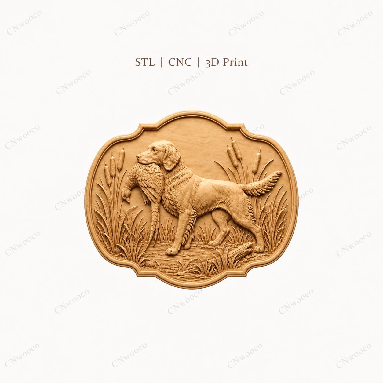 CNC & impression 3D chien de chasse rapportant un faisan, fichier STL très haute qualité