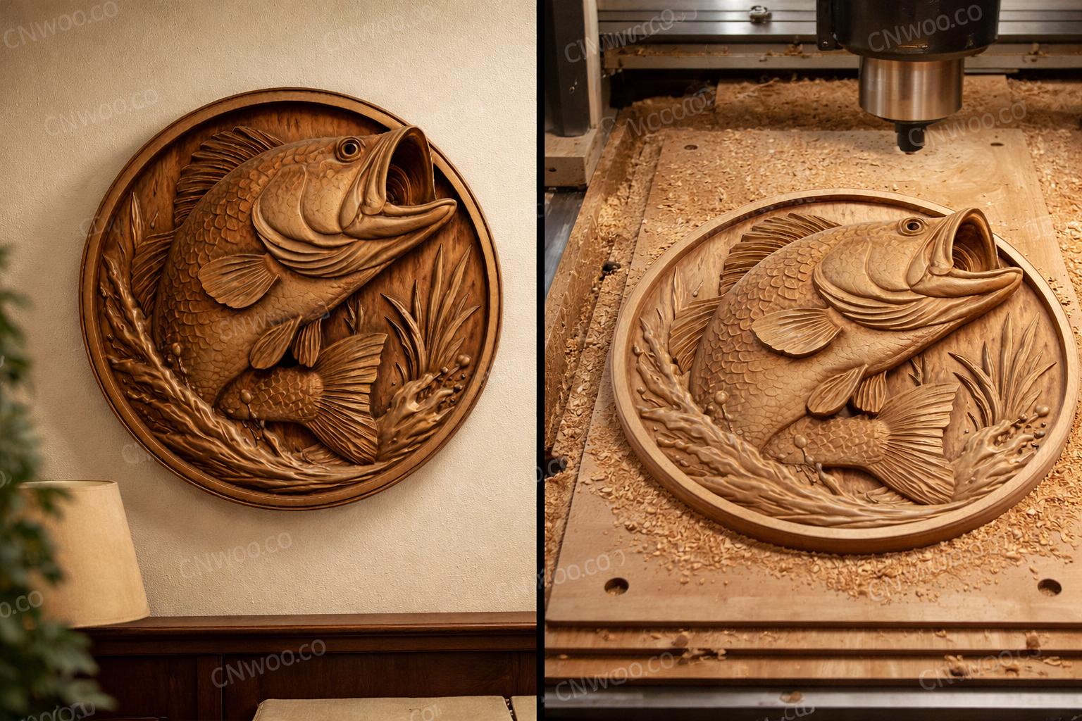 Fichier CNC poisson bass pêche, bas-relief bois nature, décoration murale lac cabane, cadeau pêcheur, modèle gravure 3D STL