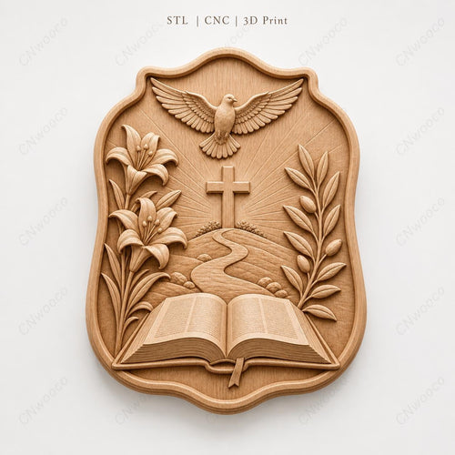 CNC & impression 3D relief Bible ouverte avec croix et colombe, fichier STL très haute qualité