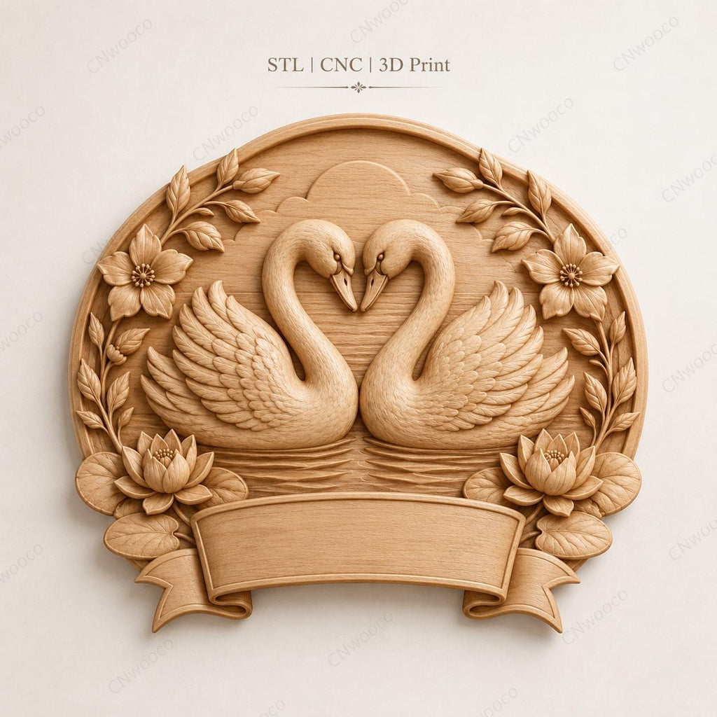 CNC & impression 3D relief cygnes amoureux, fichier mariage pour gravure bois, STL de haute qualité, à personnaliser