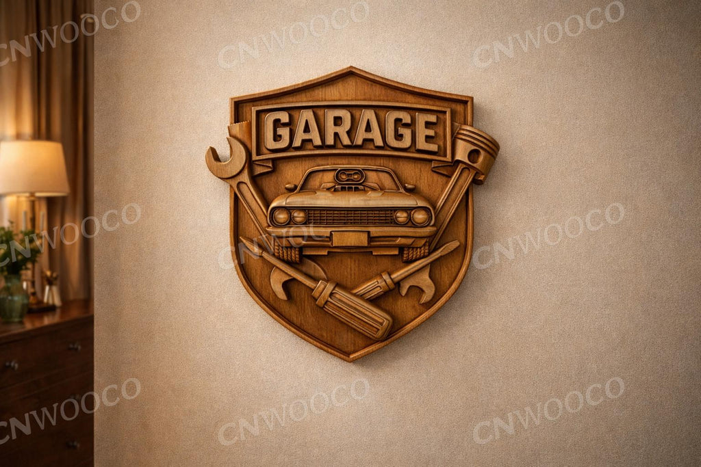 CNC Garage Wall Art – Classic Muscle Car Relief – Mechanic Workshop Decor – Wooden Shield Design – Tool Garage Sign