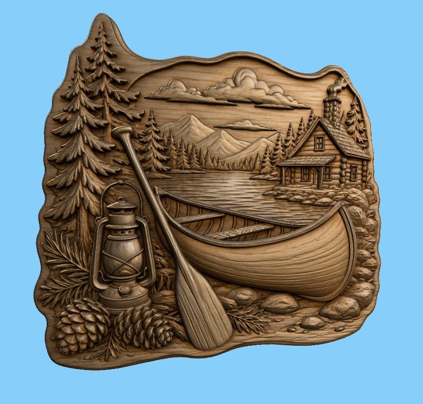 CNC & impression 3D canoë avec lanterne et paysage de lac, fichier STL très haute qualité
