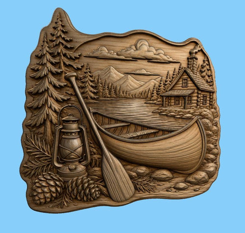 CNC & impression 3D canoë avec lanterne et paysage de lac, fichier STL très haute qualité