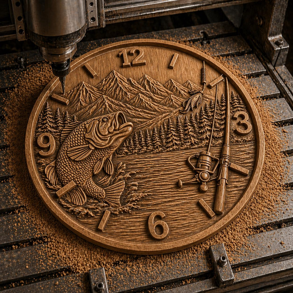 CNC-Datei Fischeruhr – Flachrelief Barsch und See für Holzskulptur, rustikale Wanddekoration Angeln STL