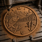 CNC-Datei Fischeruhr – Flachrelief Barsch und See für Holzskulptur, rustikale Wanddekoration Angeln STL