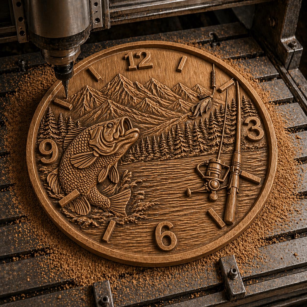 CNC-Datei Fischeruhr – Flachrelief Barsch und See für Holzskulptur, rustikale Wanddekoration Angeln STL