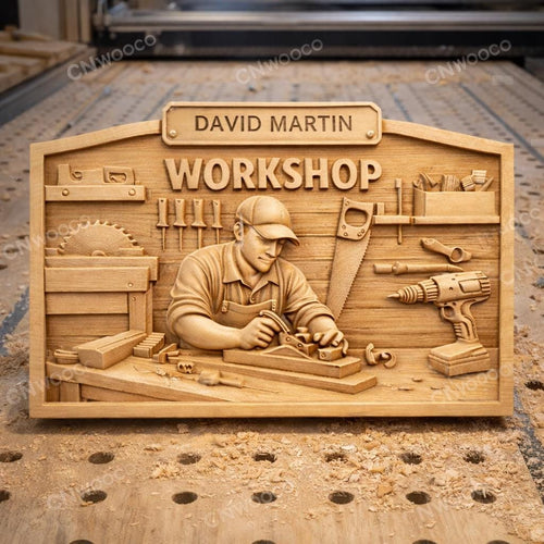 Fichier CNC panneau atelier personnalisé avec nom – bas-relief menuiserie pour sculpture bois, décoration murale STL