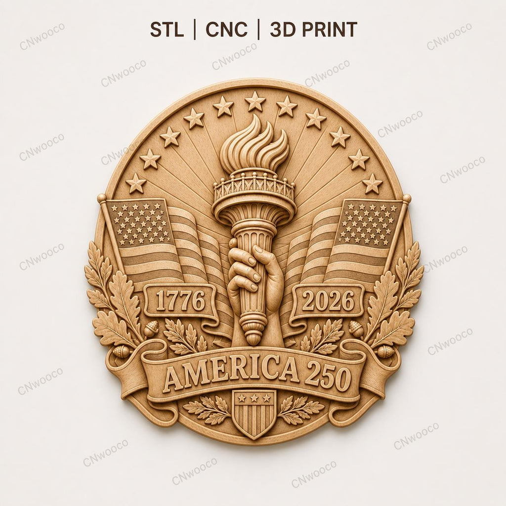 CNC & impression 3D America 250 torche de la liberté, relief patriotique USA 1776 2026 STL haute qualité