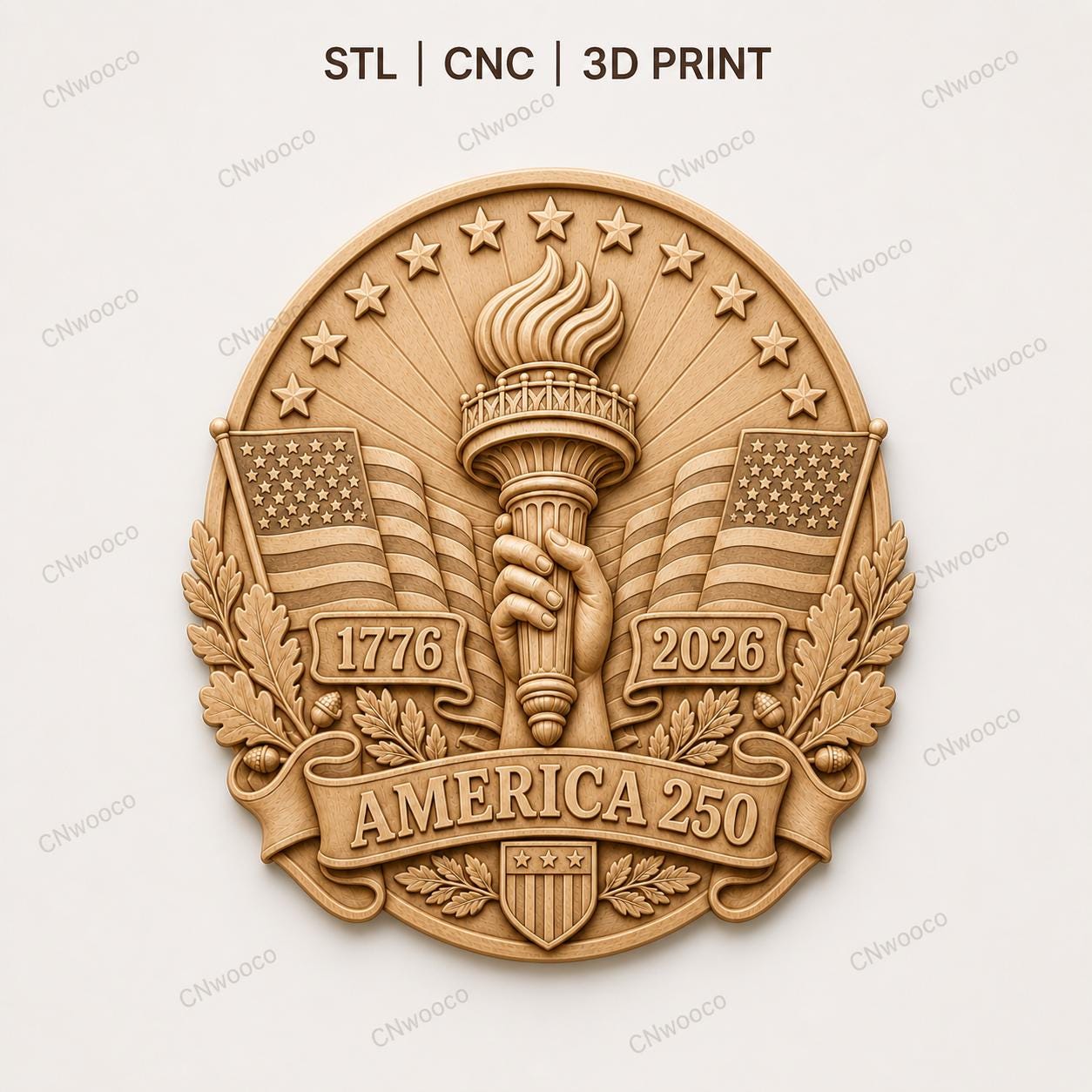 CNC & impression 3D America 250 torche de la liberté, relief patriotique USA 1776 2026 STL haute qualité