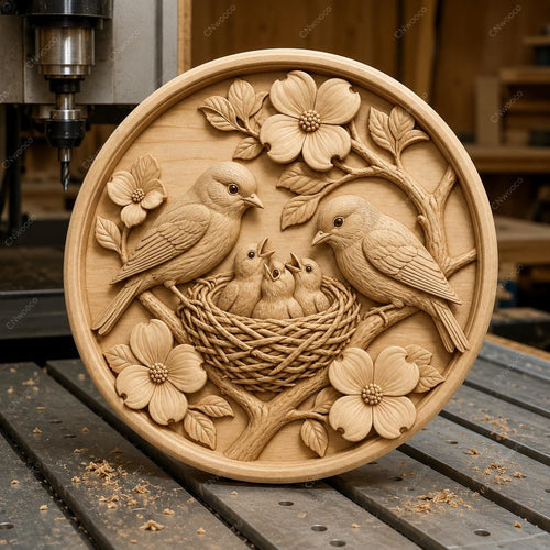 CNC & impression 3D relief famille d’oiseaux au nid, fichier STL très haute qualité