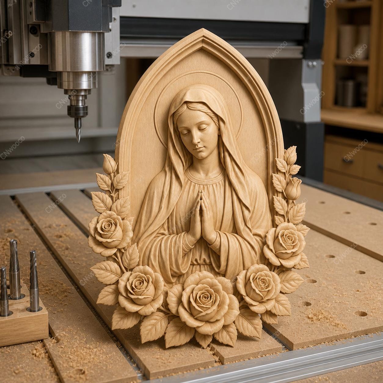 CNC & impression 3D relief Vierge Marie avec roses, fichier STL très haute qualité