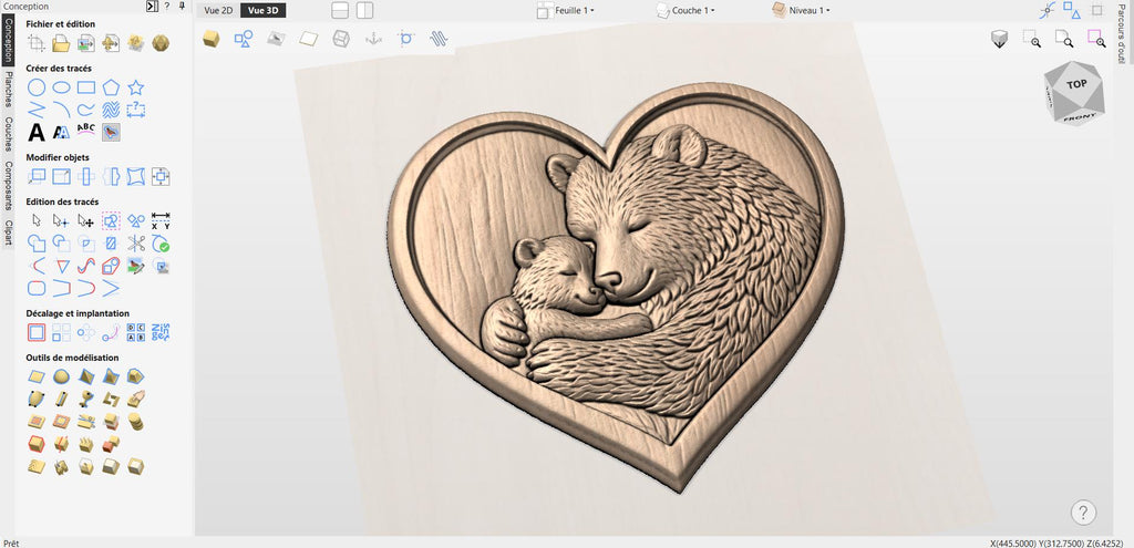 Fichier CNC cœur famille ours – bas-relief mère et ourson pour sculpture bois, décoration murale nature STL