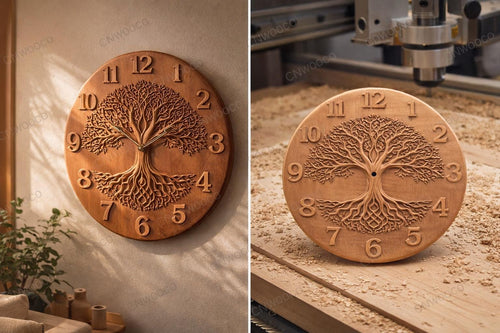 Fichier CNC horloge arbre de vie – bas-relief spirituel pour sculpture bois, décoration murale arbre STL