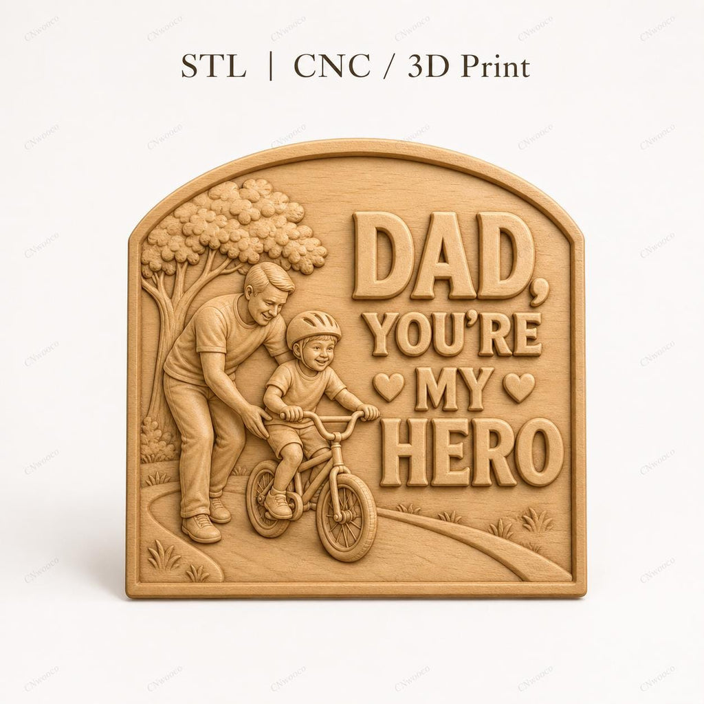 CNC & impression 3D relief papa héros avec enfant à vélo, fichier STL très haute qualité