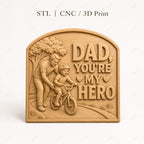 CNC & impression 3D relief papa héros avec enfant à vélo, fichier STL très haute qualité