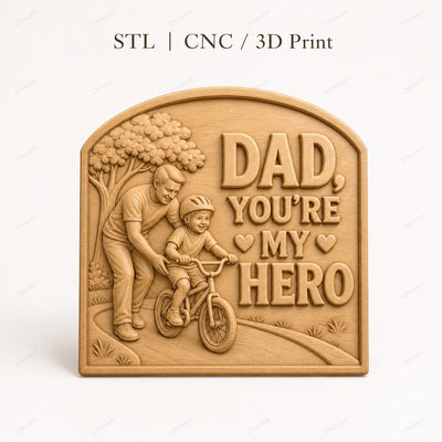 CNC & impression 3D relief papa héros avec enfant à vélo, fichier STL très haute qualité