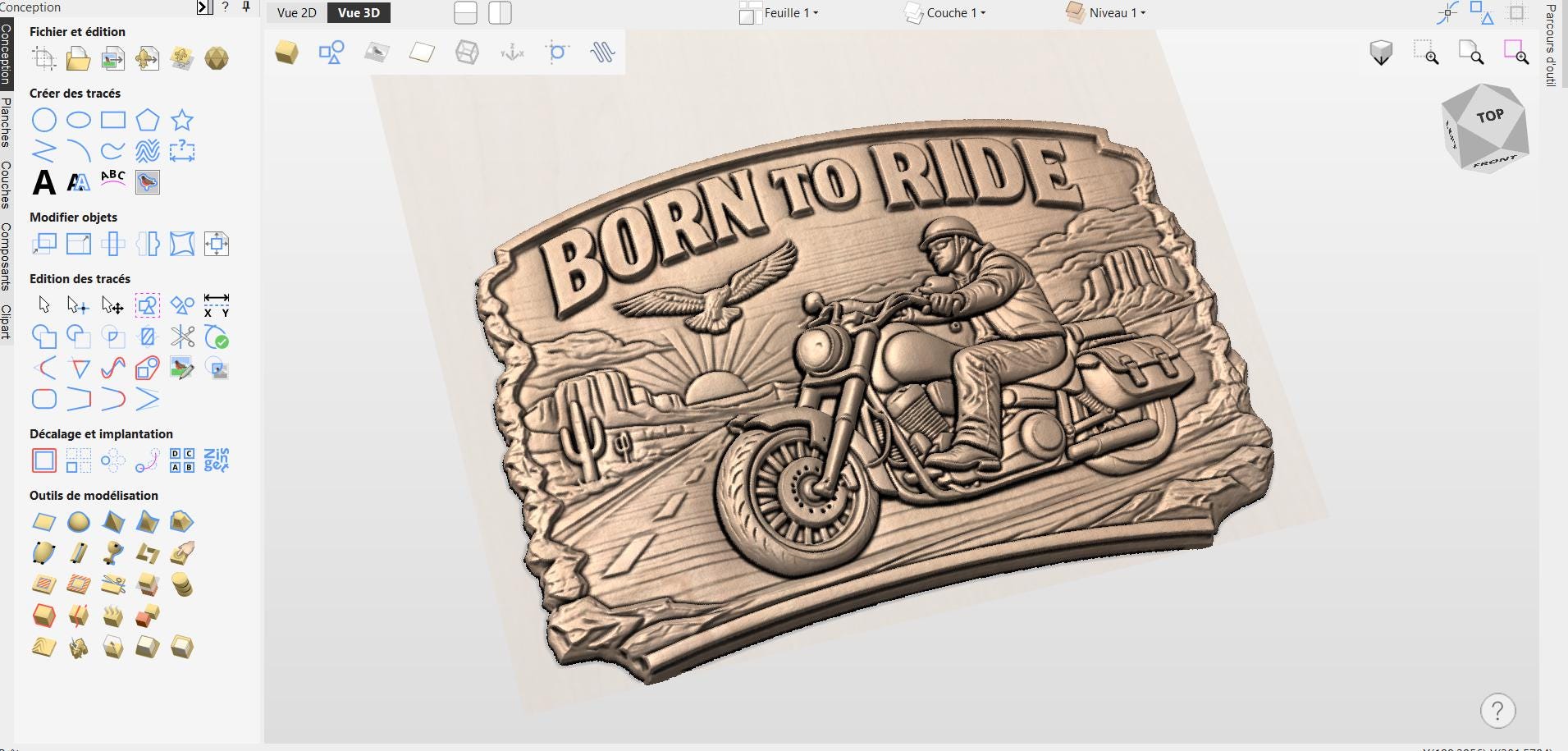 CNC-Datei Motorrad "Born to Ride" – Biker-Flachrelief für Holzskulptur, Garagen-Wanddeko und Man Cave STL