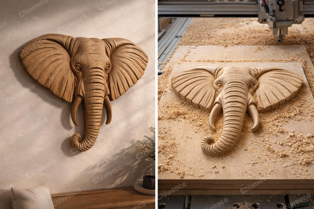 CNC Datei Elefant Safari, Holzrelief afrikanischer Kopf, Tierwanddekoration, rustikale Holzskulptur, 3D STL Gravurmodell