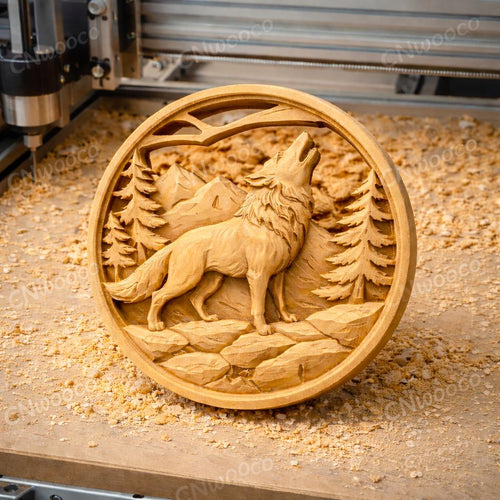 Fichier CNC loup hurlant rond, bas-relief bois wildlife, décoration murale nature, sculpture bois, modèle gravure 3D STL