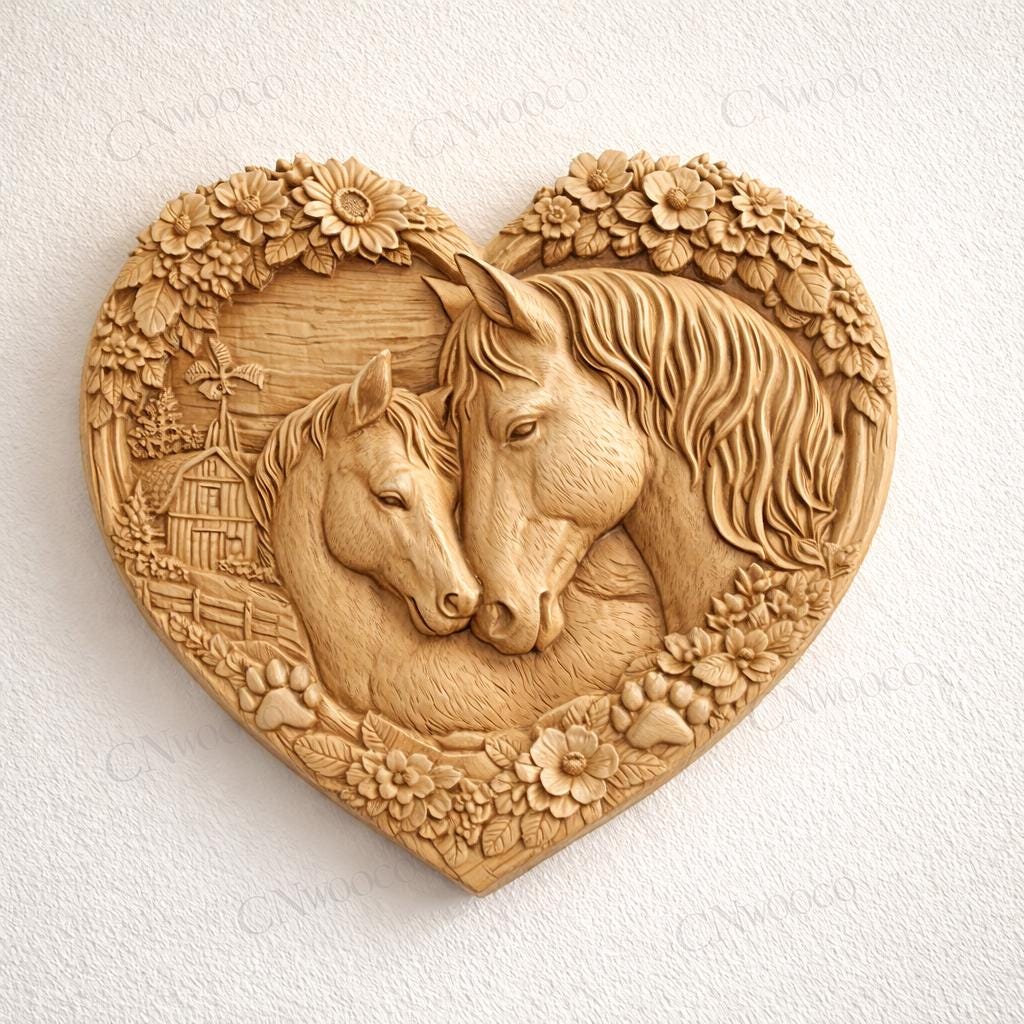 Fichier CNC & impression 3D cœur cheval – bas-relief 3D pour sculpture bois, décoration murale équestre STL