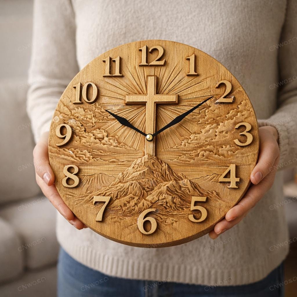 Fichier CNC horloge croix chrétienne – bas-relief religieux pour sculpture bois, décoration murale église STL