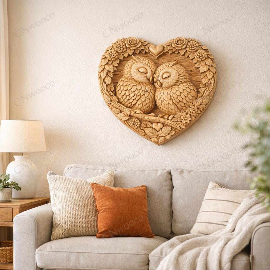 Fichier CNC cœur hibou – bas-relief romantique pour sculpture bois, décoration murale STL
