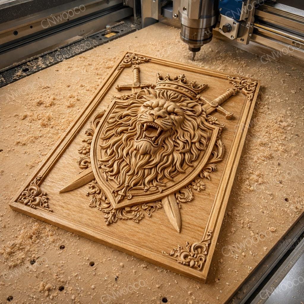 Fichier CNC blason lion couronne et épées – bas-relief royal pour sculpture bois, décoration murale STL haute qualité