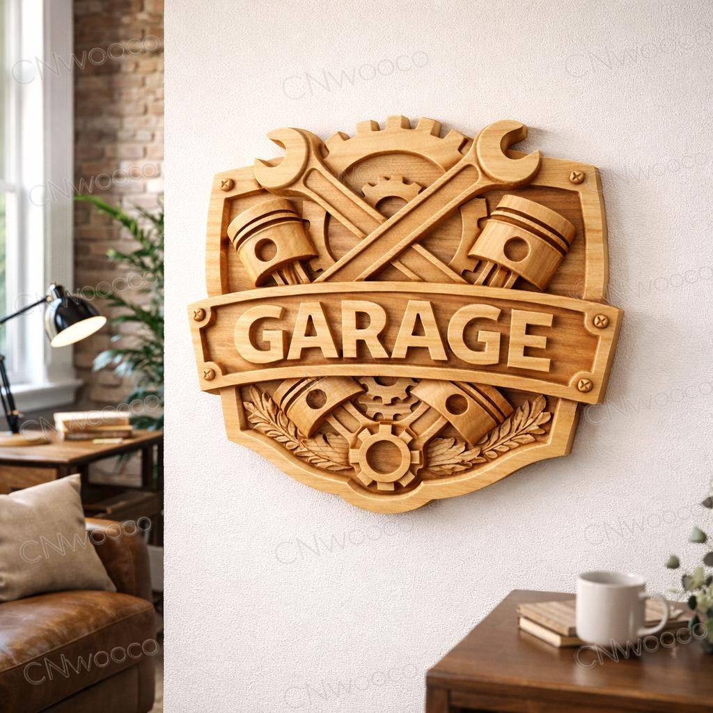 Garage CNC Bas Relief STL | Wooden Garage Wall Art | CNC Router Wood Carving File | Mechanic Workshop Decor | Digital Download