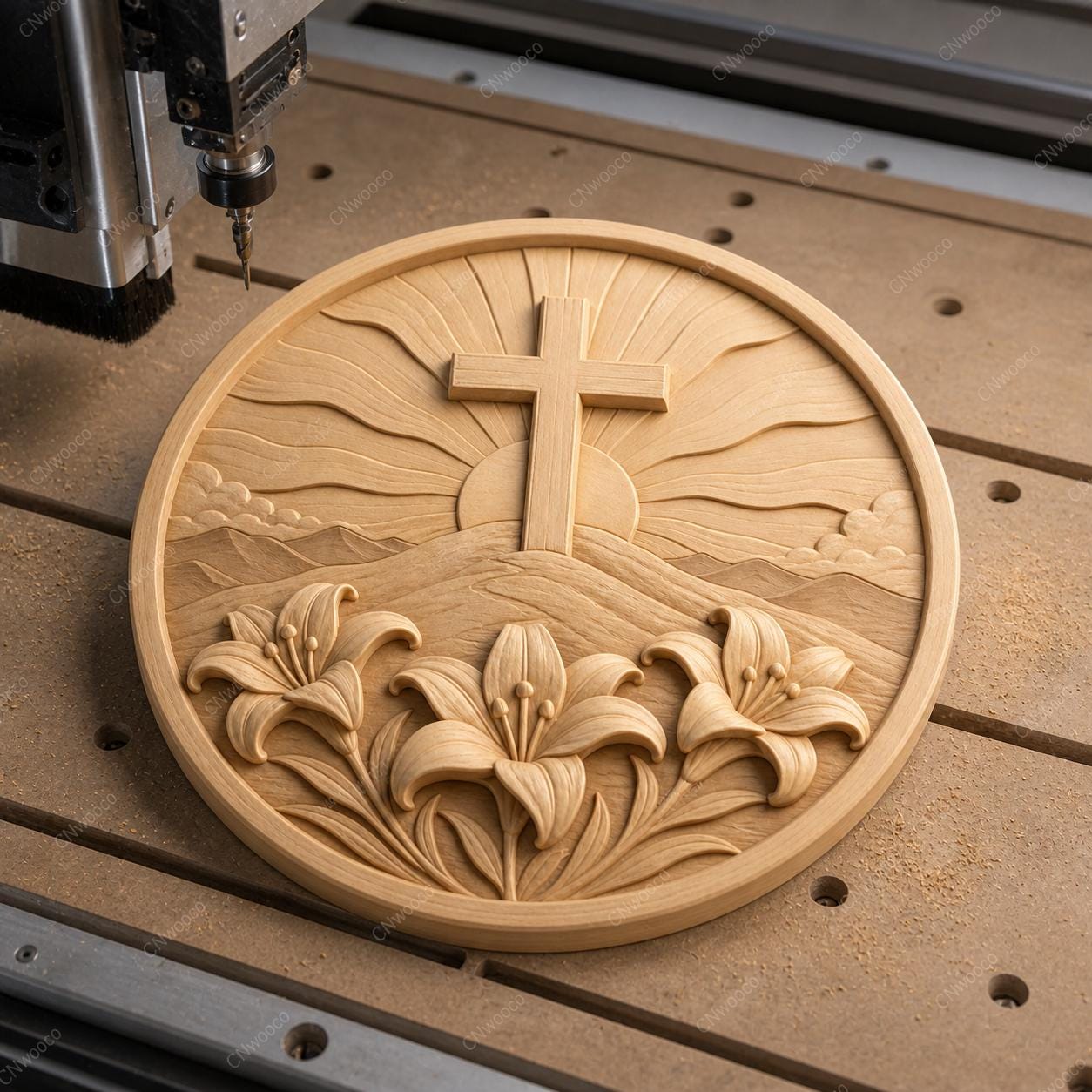 CNC & impression 3D relief croix chrétienne avec lys et soleil levant, fichier STL très haute qualité