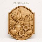 CNC & impression 3D relief coq de ferme avec grange et tournesols, fichier STL très haute qualité
