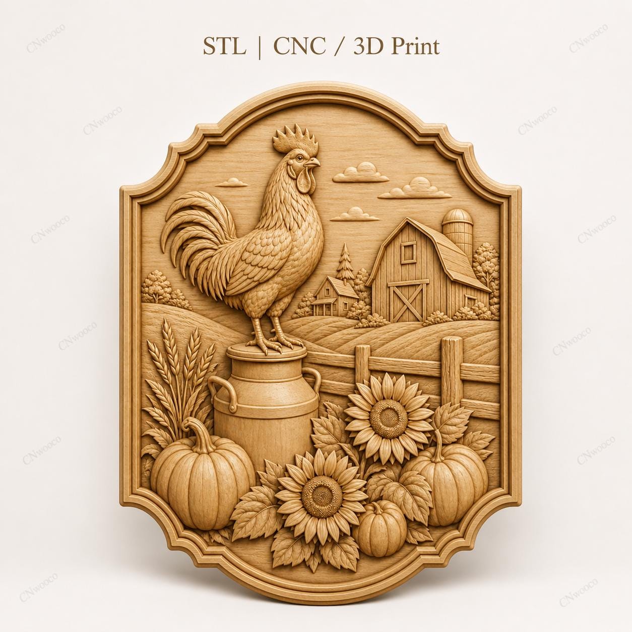 CNC & impression 3D relief coq de ferme avec grange et tournesols, fichier STL très haute qualité