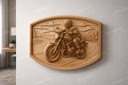 Fichier CNC motard moto roadster, bas-relief bois biker, décoration murale garage, sculpture bois, modèle gravure 3D STL