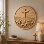CNC & impression 3D relief croix chrétienne avec lys et soleil levant, fichier STL très haute qualité