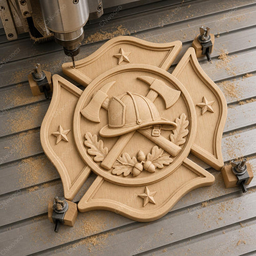 CNC & impression 3D emblème pompier, STL de haute qualité avec casque et haches pour sculpture bois, combattant du feu