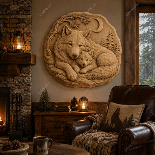 CNC & impression 3D relief loups parent et bébé, fichier wildlife forest pour gravure bois, STL de haute qualité